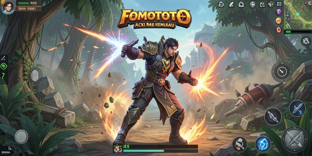 Screenshot gameplay FOMOTOTO menampilkan pertarungan epik di dunia fantasi.