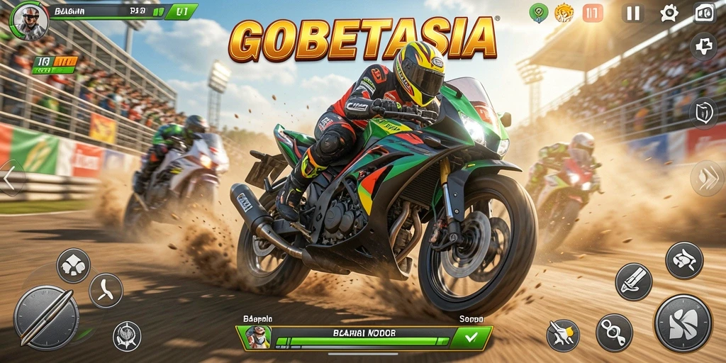 Tampilan gameplay menegangkan dalam GOBETASIA saat balapan motor.