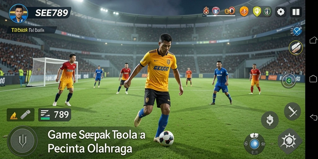 Tampilan gameplay intens dalam aksi sepak bola.